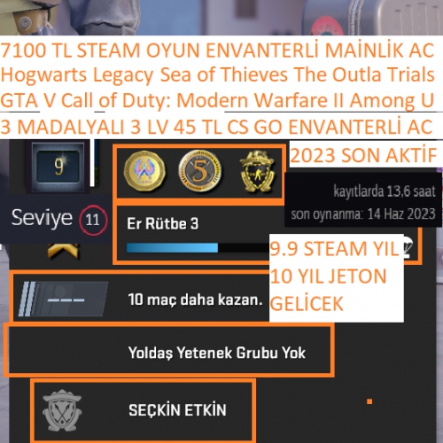  3 MADALYALI 3 LV GTA V Hogwarts Legacy Modern Warfare II 7100 TL STEAM OYUN ENVANTERLİ STEAM LV 11