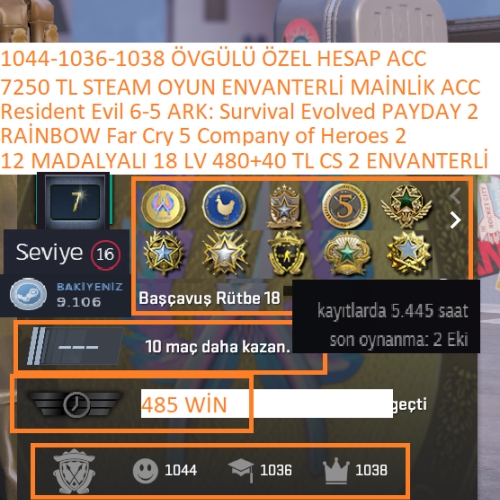  12 MADALYALI 18 LV 480+40 TL CS GO ENVANTERLİ RAİNBOW Far Cry 5 Resident Evil 6-5 7250 TL STEAM OYUN ENVANTERLİ STEAM LV 16