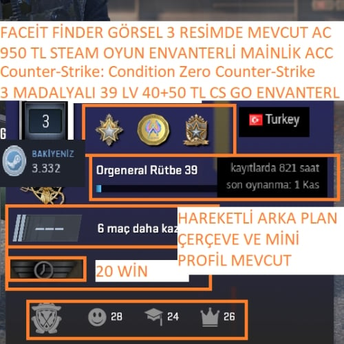  3 MADALYALI 39 LV 40+50 TL CS GO ENVNATERLİ VE STEAM BAKİYELİ 950 TL STEAM OYUN ENVANTERLİ MAİLLİ MAİNLİK HESAP STEAM LV 6