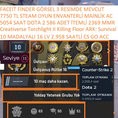  10 MADALYALI 16 LV 5054 SAAT DOTA 2 586 ADET İTEM Creativerse Torchlight II Killing Floor 7750 TL STEAM OYUN ENVANTERLİ STEAM LV 11