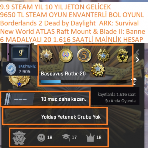  6 MADALYALI 20 LV 1.616 SAATLİ New World ATLAS Raft 9650 TL STEAM OYUN ENVANTERLİ STEAM LV 9