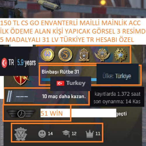  5 MADALYALI 31 LV TR HESABI TR 150 TL CS GO ENVANTERLİ İLK ÖDEME ALAN KİŞİ YAPICAK MAİLLİ MAİNLİK HESAP