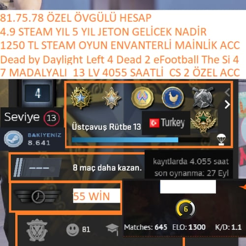  7 MADALYALI 13 LV 4055 CS 2 SAATLİ Dead by Daylight 1250 TL STEAM OYUN ENVANTERLİ STEAM LV 13