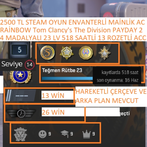  4 MADALYALI 23 LV RAİNBOW Tom Clancy\s The Division 2500 TL STEAM OYUN ENVANTERLİ MAİLLİ MAİNLİK HESAP STEAM LV 14