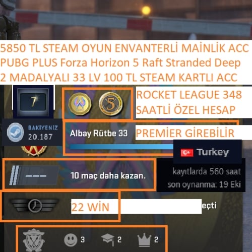  2 MADALYALI 33 LV PUBG PLUS FORZA HORİZON 5 ETS 2 RAFT 5850 TL STEAM OYUN ENVANTERLİ STEAM LV 6