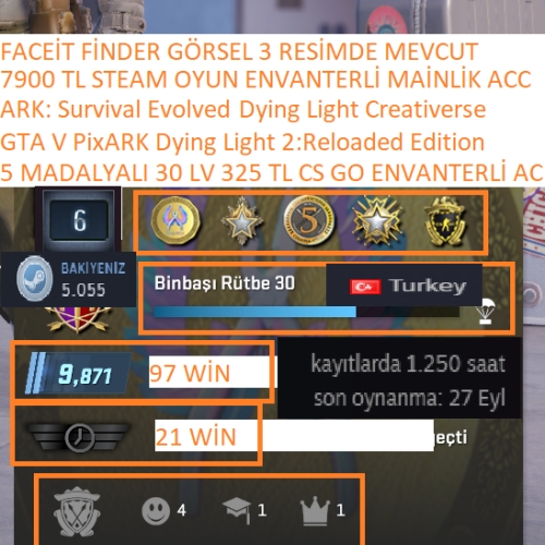  5 MADALYALI 30 LV 325 TL CS GO ENVANTERLİ GTA V PixARK Dying Light 1-2 ARK: Survival Evolved 7900 TL STEAM OYUN ENVANTERLİ