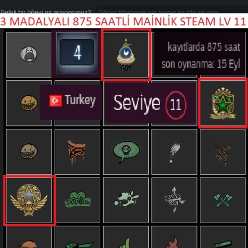  3 MADALYALI 875 SAATLİ MAİLLİ MAİNLİK HESAP STEAM LV 11