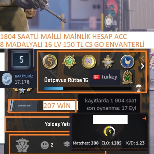  8 MADALYALI 16 LV 150 TL CS GO ENVANTERLİ 1.804 SAATLİ MAİNLİK HESAP ACC