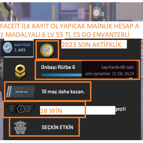  1 MADALYALI 6 LV 55 TL CS GO ENVANTERLİ 2023 SON AKTİFKLİK MAİLLİ MAİNLİK HESAP ACC