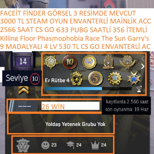  9 MADALYALI 4 LV 530 TL CS GO ENVANTERLİ PUBG Killing Floor 3000 TL STEAM OYUN ENVANTERLİ STEAM LV 10