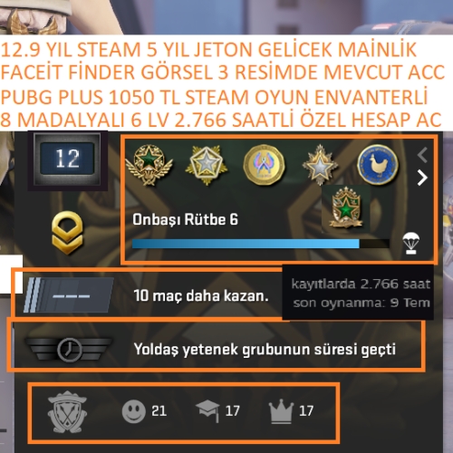  8 MADALYALI 6 LV PUBG PLUS 2.766 SAATLİ 1050 TL STEAM OYUN ENVANTERLİ MAİLLİ MAİNLİK HESAP STEAM LV 8