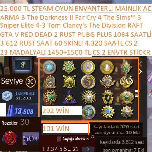  23 MADALYALI 1450+1500 CS 2 ENVANTER VE STİCKER 3.612 RUST SAAT 60 SKİN GTA V RED DEAD 2 PUBG PLUS 25.000 TL STEAM OYUN ENVANTERLİ STEAM LV 30