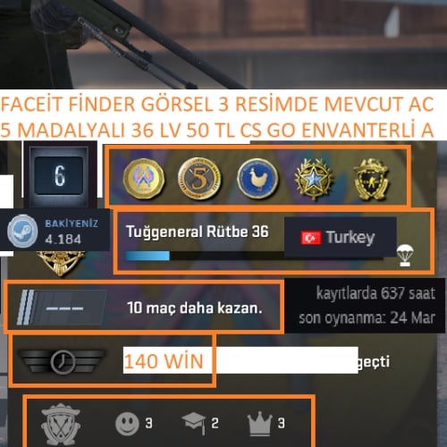  5 MADALYALI 36 LV 50 TL CS GO ENVANTERLİ FACEİT FİNDER GÖRSEL MEVCUT MAİLLİ MAİNLİK HESAP ACC