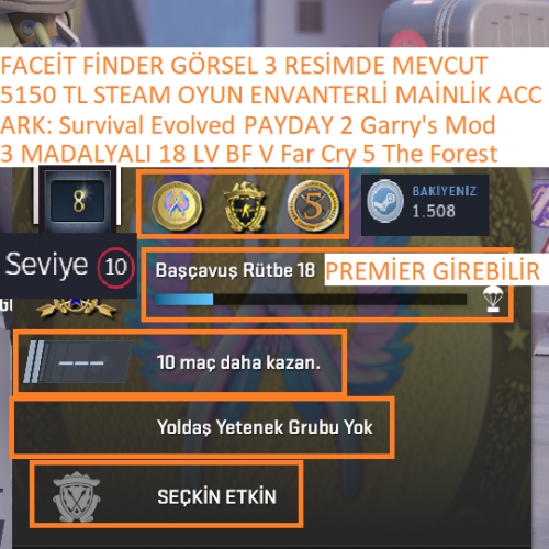  3 MADALYALI 18 LV BF V Far Cry 5 ARK: Survival Evolved 5150 TL STEAM OYUN ENVANTERLİ MAİLLİ MAİNLİK HESAP STEAM LV 10