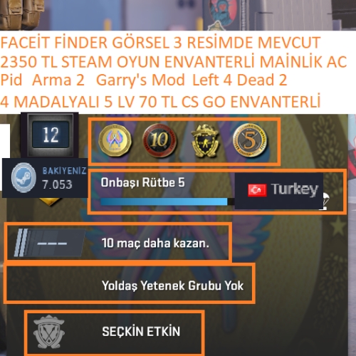  4 MADALYALI 5 LV 70 TL CS GO ENVANTERLİ Pid Arma 2 2350 TL STEAM OYUN ENVANTERLİ MAİLLİ MAİNLİK HESAP ACC