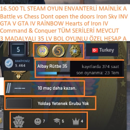  3 MADALYALI 35 LV GTA V-IV Command  Conquer TÜM SERİLERİ VAR 16.500 TL STEAM OYUN ENVANTERLİ STEAM LV 5