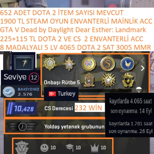  8 MADALYALI 5 LV 225+115 TL DOTA 2 CS 2 ENVANTER 3005 MMR 652 AD İTEM GTA V Dead by Daylight 1900 TL STEAM OYUN ENVANTERLİ STEAM LV 12