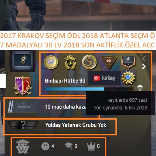  7 MADALYALI 30 LV 2018 EN SON AKTİFLİK 100 TL CS GO ENVANTERLİ MAİLLİ MAİNLİK HESAP STEAM LV 7