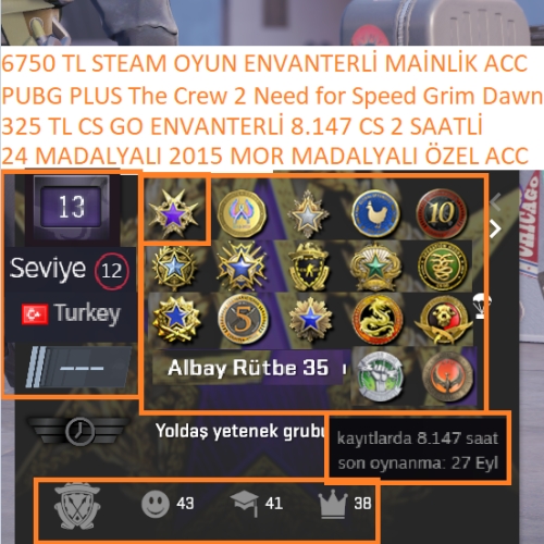  24 MADALYALI 35 LV 2015 MOR ÖZEL NADİR MADALYALI PUBG PLUS The Crew 2 6750 TL STEAM OYUN ENVANTERLİ MAİLLİ MAİNLİK HESAP STEAM LV 12