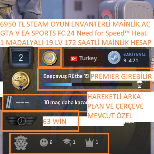  1 MADALYALI 19 LV GTA V EA SPORTS FC 24 ETS 2 Need for Speed Heat 6950 TL STEAM OYUN ENVANTERLİ MAİNLİK HESAP