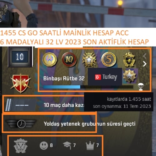  6 MADALYALI 32 LV 2023 SON AKTİFLİK 1.455 SAATLİ MAİLLİ MAİNLİK HESAP STEAM LV 7