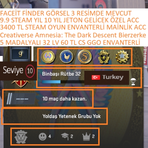  5 MADALYALI 32 LV 60 TL CS GO ENVANTERLİ Creativerse Amnesia: The Dark Descent 3400 TL STEAM OYUN ENVANTERLİ STEAM LV 10