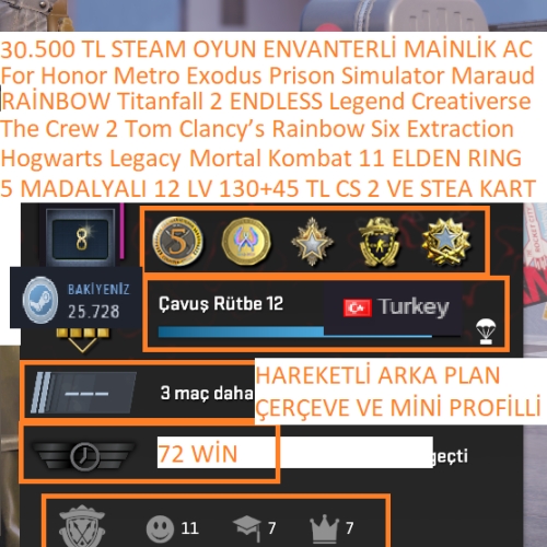  5 MADALYALI 12 LV Hogwarts Legacy ELDEN RING PUBG PLUS Mortal Kombat 11 The Crew 2 30.500 TL STEAM OYUN ENVANTERLİ STEAM LV 9