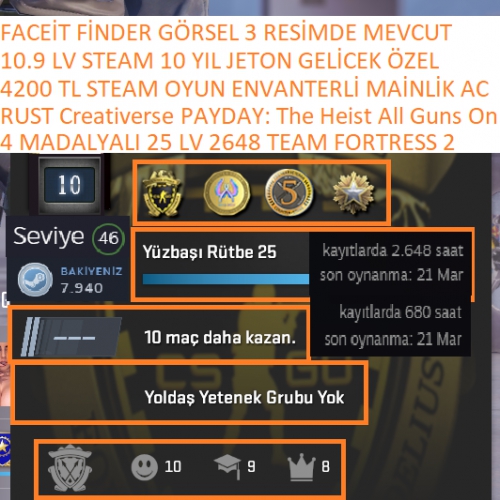  4 MADALYALI 46 LV STEAM RUST Creativerse PAYDAY: The Heist 4200 TL STEAM OYUN ENVANTERLİ MAİLLİ MAİNLİK HESAP