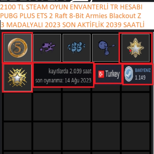  3 MADALYALI TR HESABI 2039 SAATLİ PUBG PLUS ETS 2 Raft 2100 TL STEAM OYUN ENVANTERLİ MAİLLİ MAİNLİK HESAP STEAM LV 6