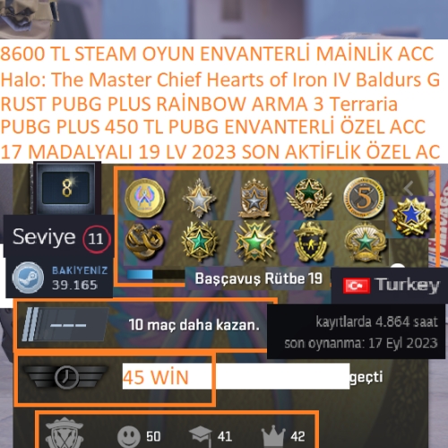  17 MADALYALI 19 LV 450 TL PUBG PLUS ENVANTERLİ RUST RAİNBOW ARMA 3 8600 TL STEAM OYUN ENVANTERLİ STEAM LV 11