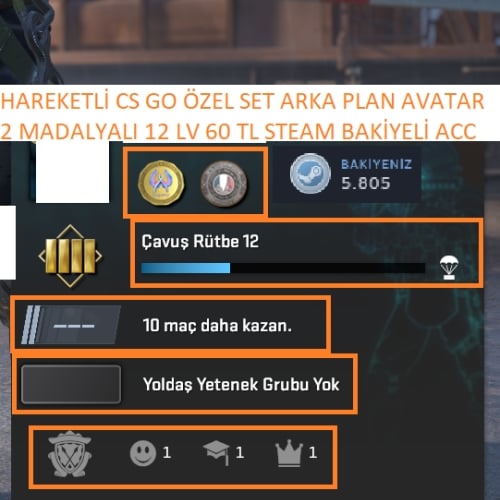  2 MADALYALI 12 LV 60 TL STEAM BAKİYELİ ÖZEL ARKA PLAN SET MAİLLİ MAİNLİK HESAP