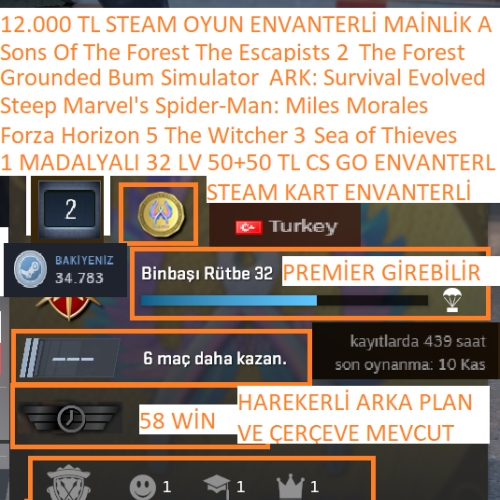  1 MADALYALI 32 LV Forza Horizon 5 The Witcher 3 Marvel\s Spider-Man 12.000 TL STEAM OYUN ENVANTERLİ STEAM LV 5