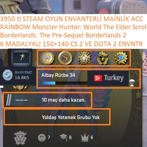  6 MADALYALI 34  LV 150+140 TL CS 2 VE DOTA 2 ENVANTER RAİNBOW Borderlands 1-2 3950 TL STEAM OYUN ENVANTERLİ STEAM LV 5