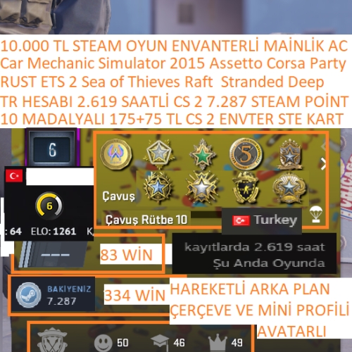  10 MADALYALI 10 LV 175+75 TL CS GO ENVANTER VE KARTLI RUST ETS 2 Sea of Thieves 10.000 TL STEAM OYUN ENVANTERLİ STEAM LV 8