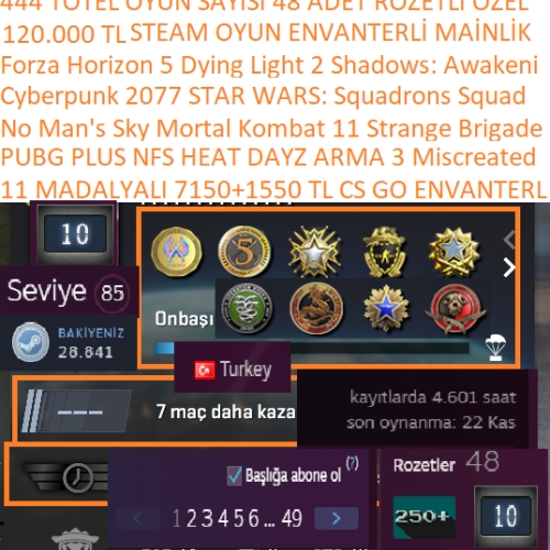  11 MADALYALI 7150+1550 TL CS GO ENVANTERLİ NFS HAT DAYZ PUBG PLUS No Man\s Sky 120.000 TL STEAM OYUN ENVANTERLİ STEAM LV 85