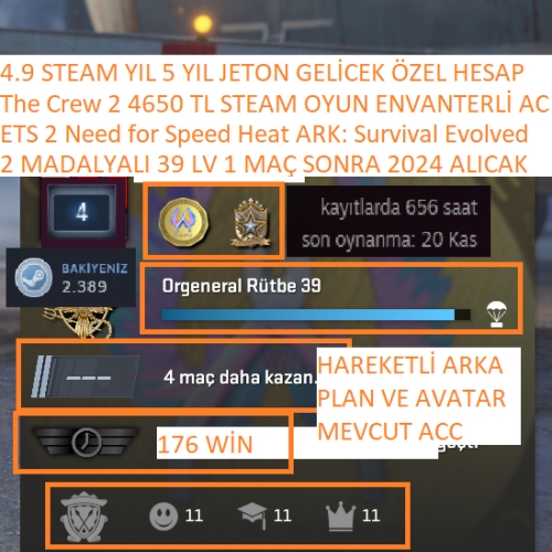  2 MADALYALI 39 LV ETS 2 NFS HEAT The Crew 2 ARK: Survival Evolved 4650 TL STEAM OYUN ENVANTERLİ STEAM LV 4