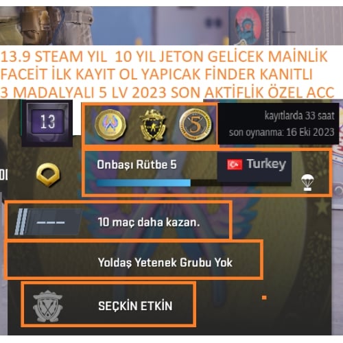  3 MADALYALI 5 LV 2023 SON AKTİFLİK 900 TL STEAM OYUN ENVANTERLİ MAİLLİ MANİLİK HESAP STEAM LV 7