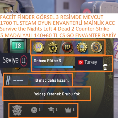  5 MADALYALI 6 LV 140+60 TL CS GO ENVANTERLİ VE STEAM BAKİYESİ 18.9 DİGİT MAİLLİ MAİNLİK HESAP STEAM LV 11