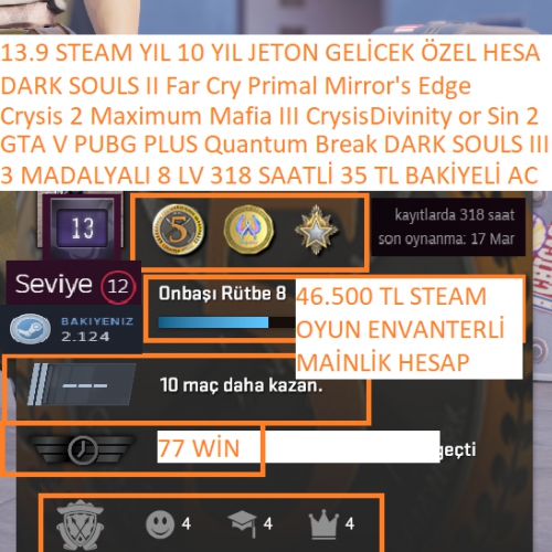  3 MADALYALI GTA V PUBG PLUS DARK SOULS 3-2 Mafia III 46.500 TL STEAM OYUN ENVANTERLİ STEAM LV 12