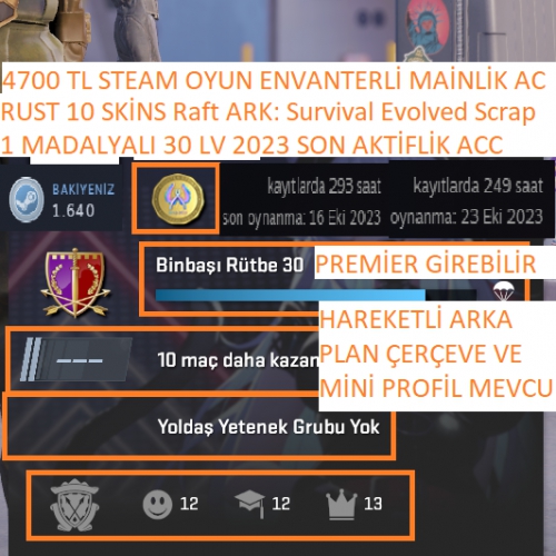  1 MADALYALI 30 LV RUST 10 SKİNLİ 2023 SON AKTİFLİK Raft ARK: Survival Evolved 4700 TL STEAM OYUN ENVANTERLİ STEAM LV 3