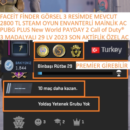  3 MADALYALI 29 LV PUBG PLUS New World PAYDAY 2 2800 TL STEAM OYUN ENVANTERLİ MAİLLİ MAİNLİK HESAP STEAM LV 7