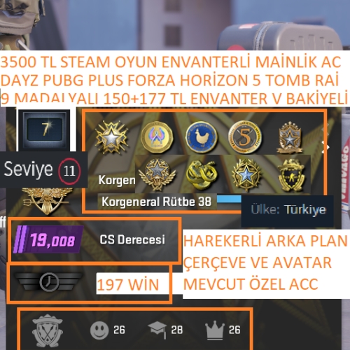  9 MADALYALI 38 LV 150+177 TL CS GO ENVANTERLİ VE STEAM BAKİYESİ DAYZ PUBG PLUS FORZA HORİZON 5 3000 TL STEAM OYUN ENVANTERLİ STEAM LV 10