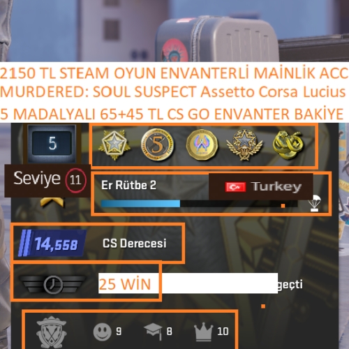  5 MADALYALI 65+45 TL CS GO ENVANTER VE STEAM BAKİYELİ MURDERED: SOUL SUSPECT Assetto Corsa 2150 TL STEAM OYUN ENVANTERLİ STEAM LV 11