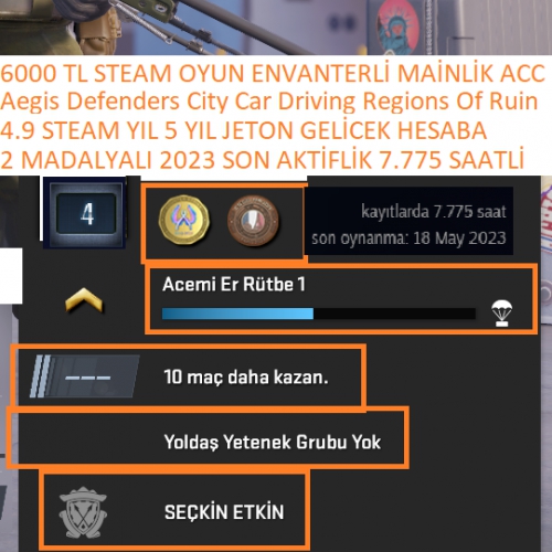  2 MADALYALI 7.775 SAATLİ Aegis Defenders City Car Driving 6000 TL STEAM OYUN ENVANTERLİ 2023 SON AKTİFLİK STEAM LV 7