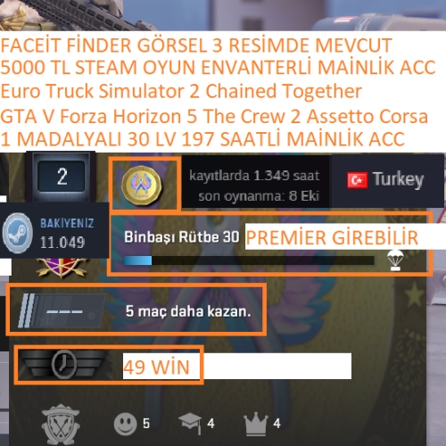  1 MADALYALI 30 LV GTA V ETS 2 Forza Horizon 5 The Crew 2 5000 TL STEAM OYUN ENVANTERLİ MAİLLİ MAİNLİK HESAP ACC
