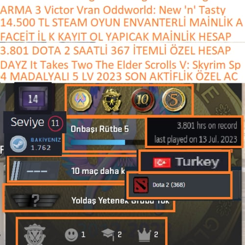  4 MADALYALI 5 LV DAYZ ARMA 3 It Takes Two 14.500 TL STEAM OYUN ENVANTERLİ 3.801 DOTA 2 SAATLİ MAİNLİK HESAP STEAM LV 11