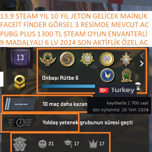  8 MADALYALI 6 LV PUBG PLUS 2.766 SAATLİ 1300 TL STEAM OYUN ENVANTERLİ MAİLLİ MAİNLİK HESAP STEAM LV 8