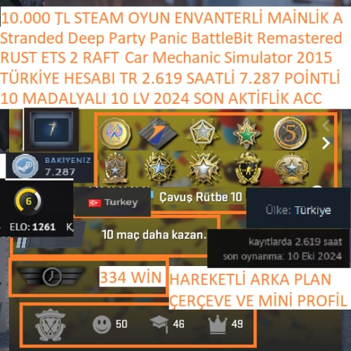  11 MADALYALI 10 LV TR HESABI RUST ETS 2 RAFT Sea of Thieves 10.000 TL STEAM OYUN ENVANTERLİ STEAM LV 8